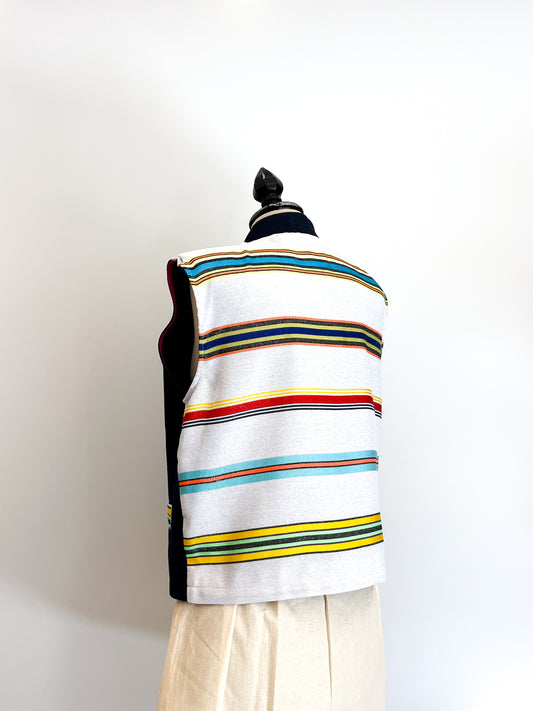 gilet sartoriale in denim blu scuro e schiena in lurex a righe